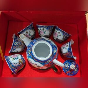 Vintage Vibrant Blue and White Floral Ceramic Miniature Tea Set